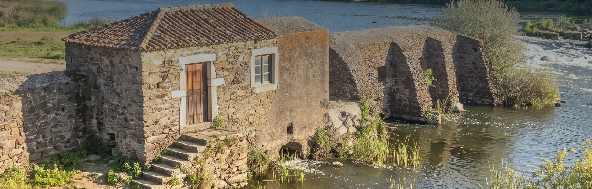Casa de pedra junto a um açude de arcos sobre o rio, fotografia de abertura da 14ª edição da ElectroNEWS